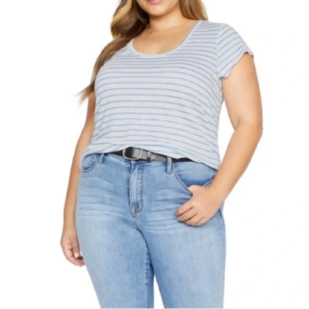 Sanctuary Alma Striped 100% Linen Scoop-Neck Tee Shirt, White Blue Size 2X NEW